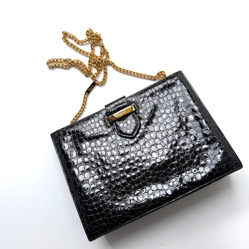 Vintage Salvatore Ferragamo Dark Green Croc Embossed Crossbody Clutch Chain Bag - Picture 15 of 15